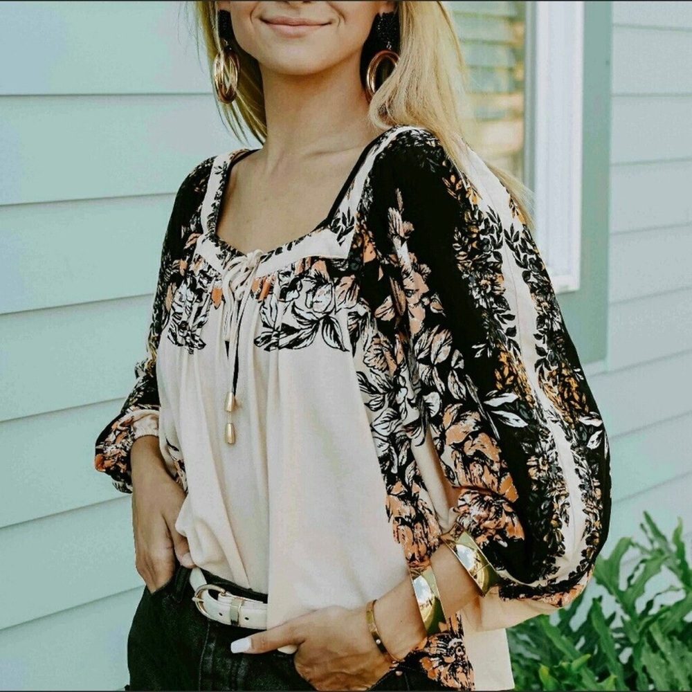 Free People Cream and Black Tie Front Blouse 3/4 Sleeve